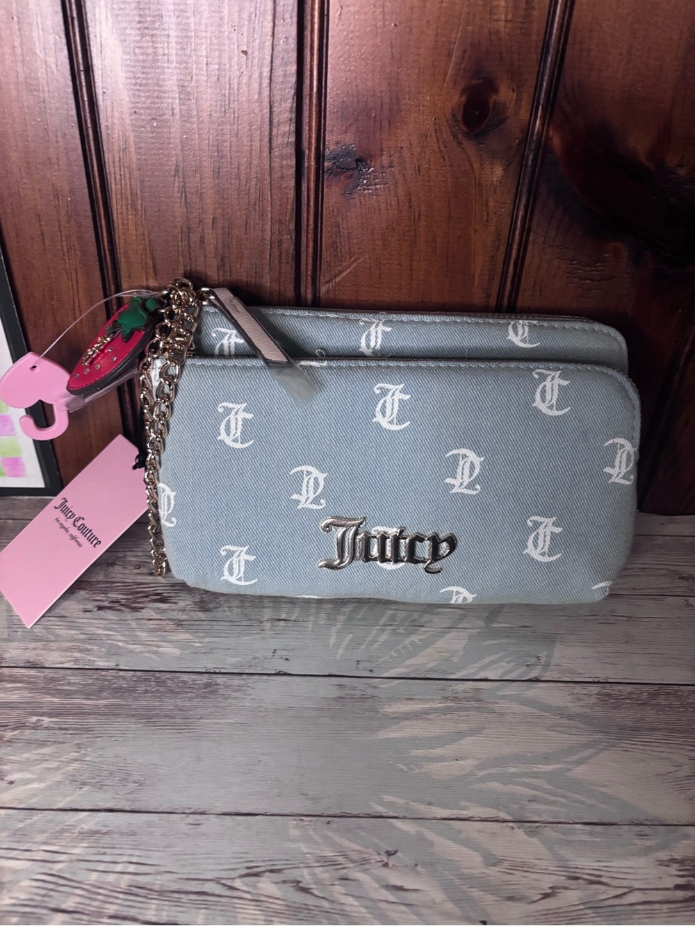 Juicy Couture Light Blue denim Logo Double Zip Wristlet